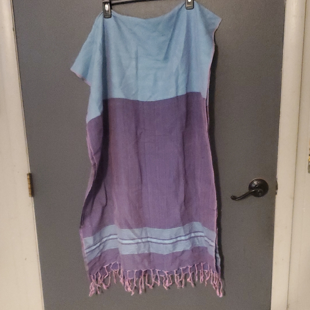 Handmade Reversable Blue/Purple Striped Shawl with Fringe/ Prayer Blanket/Quilt